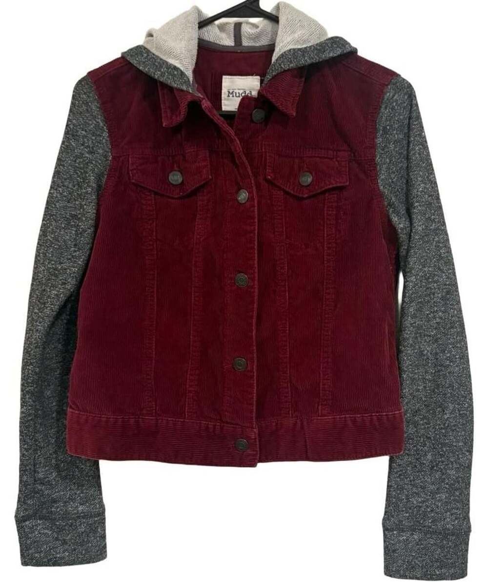 Mudd Y2K Burgundy Corduroy Jacket Womens Medium Hooded Knit Sleeves Indie Sleeze